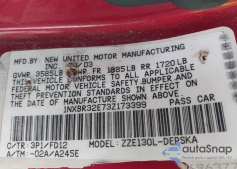 2003 Toyota Corolla S z USA, uszkodzony, nr VIN 1NXBR32E73Z173399